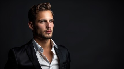 Fototapeta premium attractive confident young businessman guy hot model appearance isolated black background