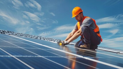 Fototapeta na wymiar Solar power engineer installing solar panels, Generative Ai.
