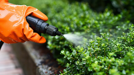 Close up of hand spraying a plant or a bush with pesticides for pest control with space for text