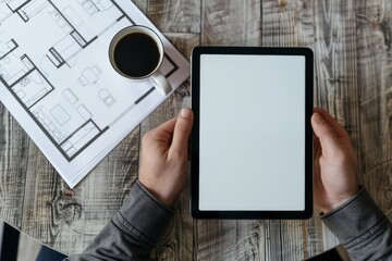 a blank screen tablet on the top view next to some architectural blueprints and a coffee cup
