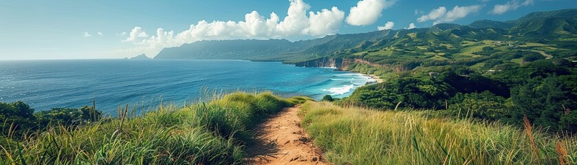 Fototapeta premium Scenic coastal path with lush greenery and ocean view, perfect for nature walks and outdoor adventures. Clear skies and distant mountains.