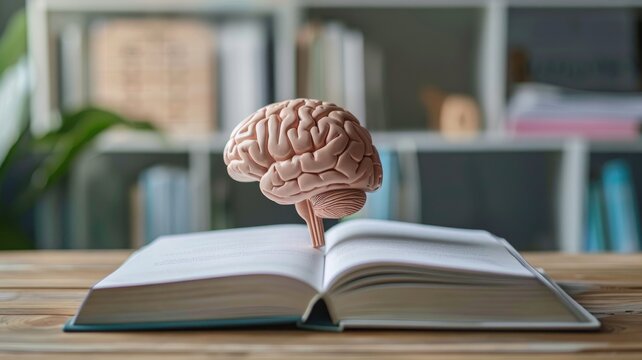 Model of brain emerging from open book in library setting