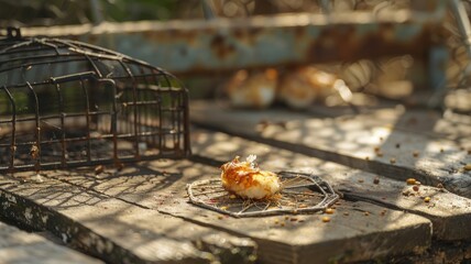 Rustic scene with birdcage and some remnants of food on wooden surface
