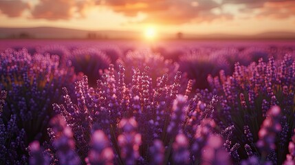 Naklejka premium Beautiful lavender field at sunrise with vibrant purple flowers and a warm, golden sky, creating a serene and tranquil scene.