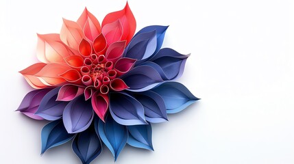 Fototapeta premium A vibrant paper flower design with gradient colors from warm red to cool blue on a white background, showcasing intricate craftsmanship.