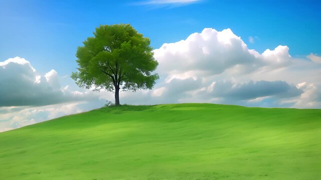 Solitary Tree on Rolling Green Hills with Ai generated.
 