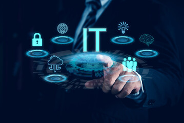 IT consultant presenting tag cloud about information technology. Tech icons illustration. Futuristic background. Businessman pointing Icon IT.