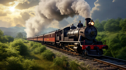 Steam locomotive with smoke in the sky. 3D illustration.