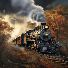 Fototapeta premium Steam locomotive with smoke in the sky. 3D illustration.