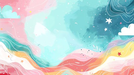 Colorful abstract background with pastel hues and wave patterns, featuring stars and clouds, creating a whimsical and dreamy atmosphere.