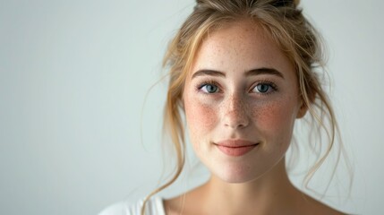 Naklejka premium Beautiful young woman with freckles on her face looking at the camera on a white background Portrait of natural beauty and confidence