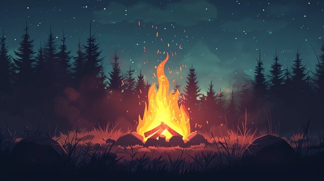 camp fire the forest vector flat design side view woodland adventure theme water color Triadic Color Scheme