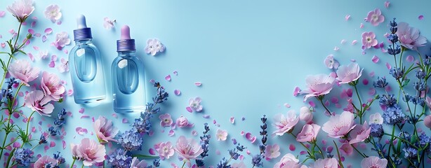 Two dropper bottles among purple and pink flowers on a blue background, perfect for beauty and skincare related themes.