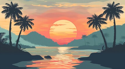 beach sunset palm vector flat design side view island retreat theme water color Triadic Color Scheme