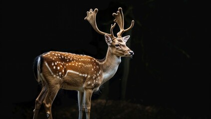 Fawn with Antlers Standing in a Dark Forest