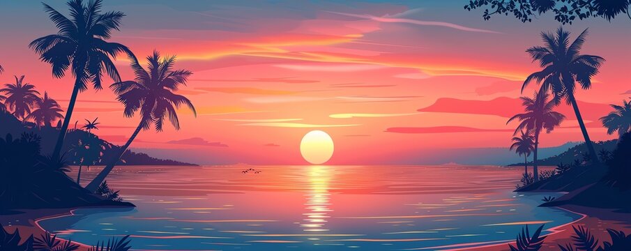beach sunset palm vector flat design front view coastal getaway theme animation vivid