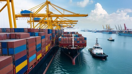 Naklejka premium Industrial port dock, massive shipping vessels lined up, workers and machinery in action, showcasing the dynamic energy of a busy wharf
