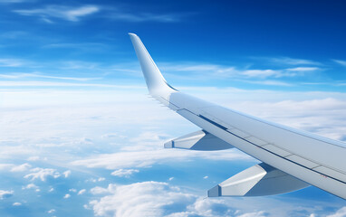Obraz premium Airplane wing on blue sky background. 3d render illustration.