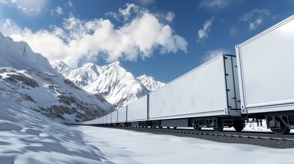Modern freight train transporting goods, sleek and efficient, symbolizing robust transit and conveyance, with a scenic landscape backdrop