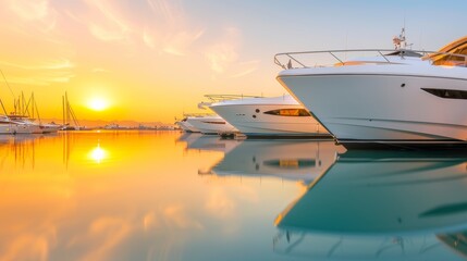 Naklejka premium Modern marina at sunset, sleek yachts and leisure boats moored, golden light casting a warm glow over the water and docks