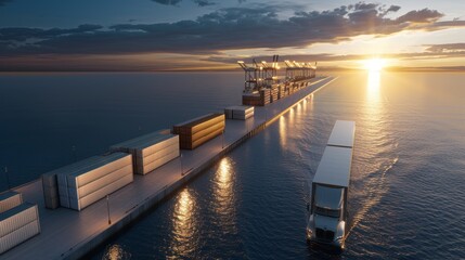 Modern marina transit chain, featuring streamlined dock operations, boats and trucks working together for seamless cargo movement