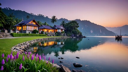 Fototapeta premium sunset in the mountains boat and house