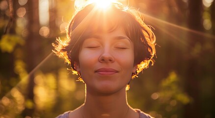 Fototapeta premium Sunlit Portrait of a Woman with Closed Eyes