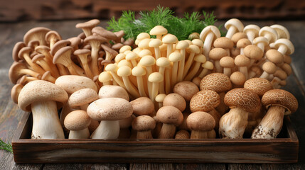 A beautiful photo of an assortment of mushrooms, including shiitake and button mushrooms.