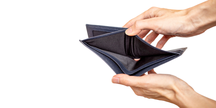 A Caucasian man holding his empty black leather wallet representing financial hardship, bankruptcy, and struggle cut out, isolated, transparent background - PNG.