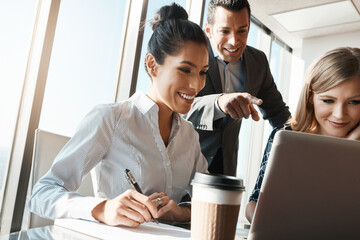 Office, laptop and business people in meeting for planning, collaboration and partnership....