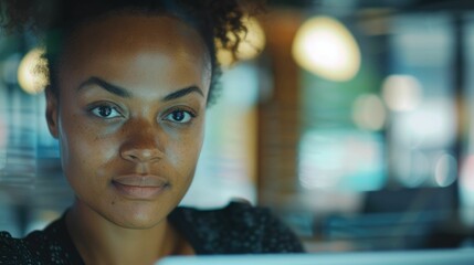 The close up picture of the african american female entrepreneur working inside the office and looking at the camera, the entrepreneur require skill like management, experience and marketing. AIG43.
