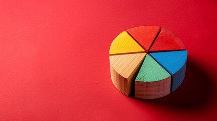 Obraz premium Wooden blocks with a pie chart on a red background, representing market analysis and financial planning. Flat lay. High quality, no realistic photo details