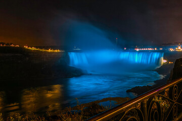 Canadian side view of Niagara Falls, Horseshoe Falls at night in Niagara Falls, Ontario, Canada