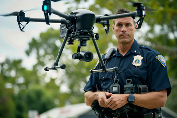 Drone for law enforcement assisting police with surveillance, accident investigation, and search and rescue operations. UAV technology for real-time monitoring and public safety in various scenarios.