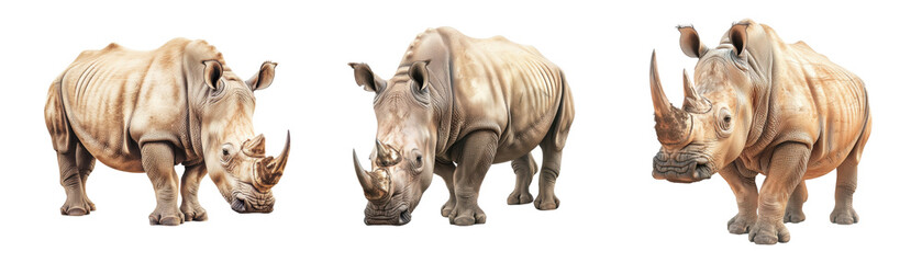 Obraz premium Three rhinos are standing in a row, one of which has a horn on its head