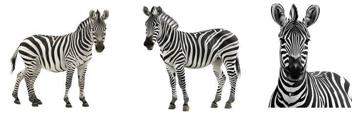 Obraz premium Three zebras are shown in a row, with the middle one looking at the camera
