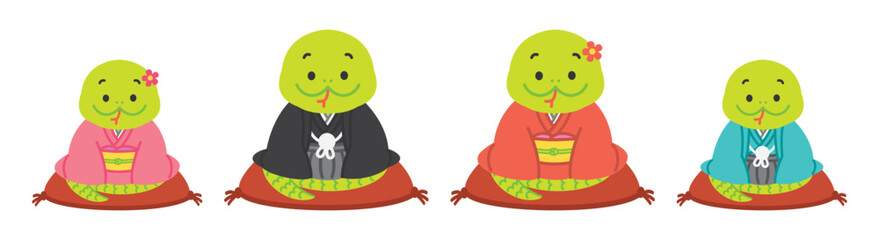 2025年、巳年の年賀状素材　着物を着た蛇の家族のかわいいイラスト