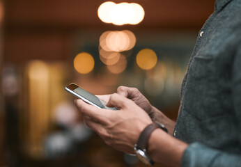 Man, typing hands and phone for social media, email notification and connection for search. Male...