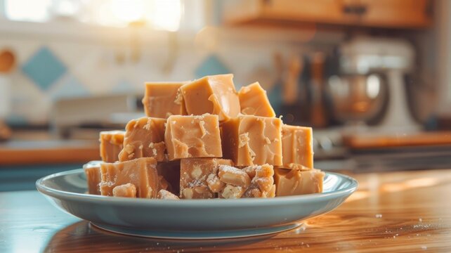 Plate of square homemade fudge pieces in cozy kitchen