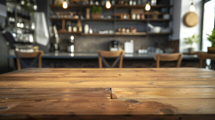 Rustic Wooden Table in Cozy Cafe Setting with Warm and Inviting Atmosphere