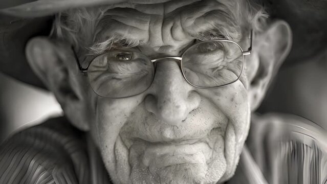 The wrinkles around his eyes crinkle as he shares a witty piece of advice with a glowing smile. Black and white art