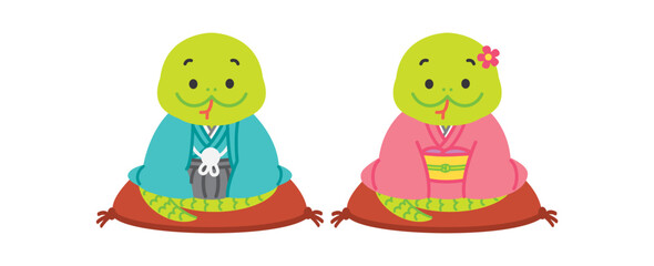 2025年、巳年の年賀状素材　着物を着た蛇のキャラクターのかわいいイラスト