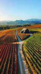Vibrant autumn vineyard rows in various shades of red, orange, and green, leading to a rustic barn, with rolling mountains in the background under a clear blue sky.