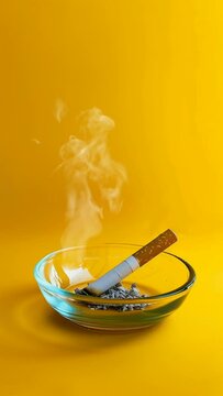 Smoking cigarette burning in an ashtray isolated at yellow background