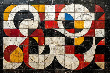 Obraz premium A colorful mosaic of squares and circles with the word 
