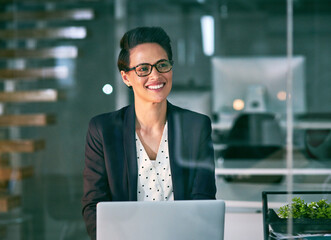 Consultant, thinking and woman with laptop, night and thoughts with planning for project ideas. Person, employee and agent with computer, evening or solution for startup, feedback or problem solving