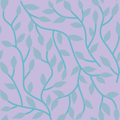 Contrast flat  wavy branches seamless pattern. Light green curve stems and leaves on pastel purple background. Intricate botanical allover illustration
