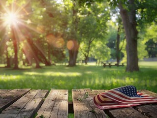Labor day usa flag on table top in the park for background .