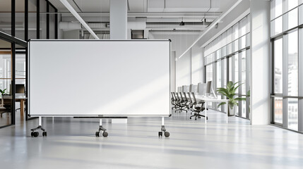 Large empty white wide whiteboard on wheels in a bright modern office space, Ai generated Images
