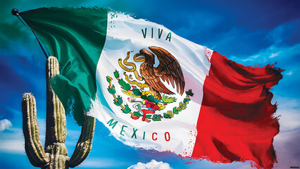 viva mexico dia de la independencia social event the national Mexican holiday.the 16 September celebration with national flag guitar cactus colorful balloons Sombrero with festive and lively mood  hap